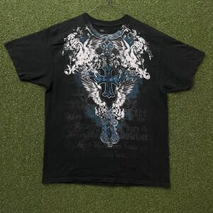 Y2K Urban Legends‎ AOP Cross with Wings Black Graphic Tee Shirt